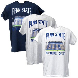 navy, gray, and white short sleeve t-shirts with Penn State Stripe Out stadium art